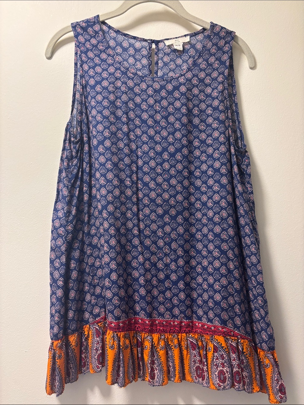 beachlunchlounge Blue Printed Sleeveless Tunic with Orange Fringe Hem